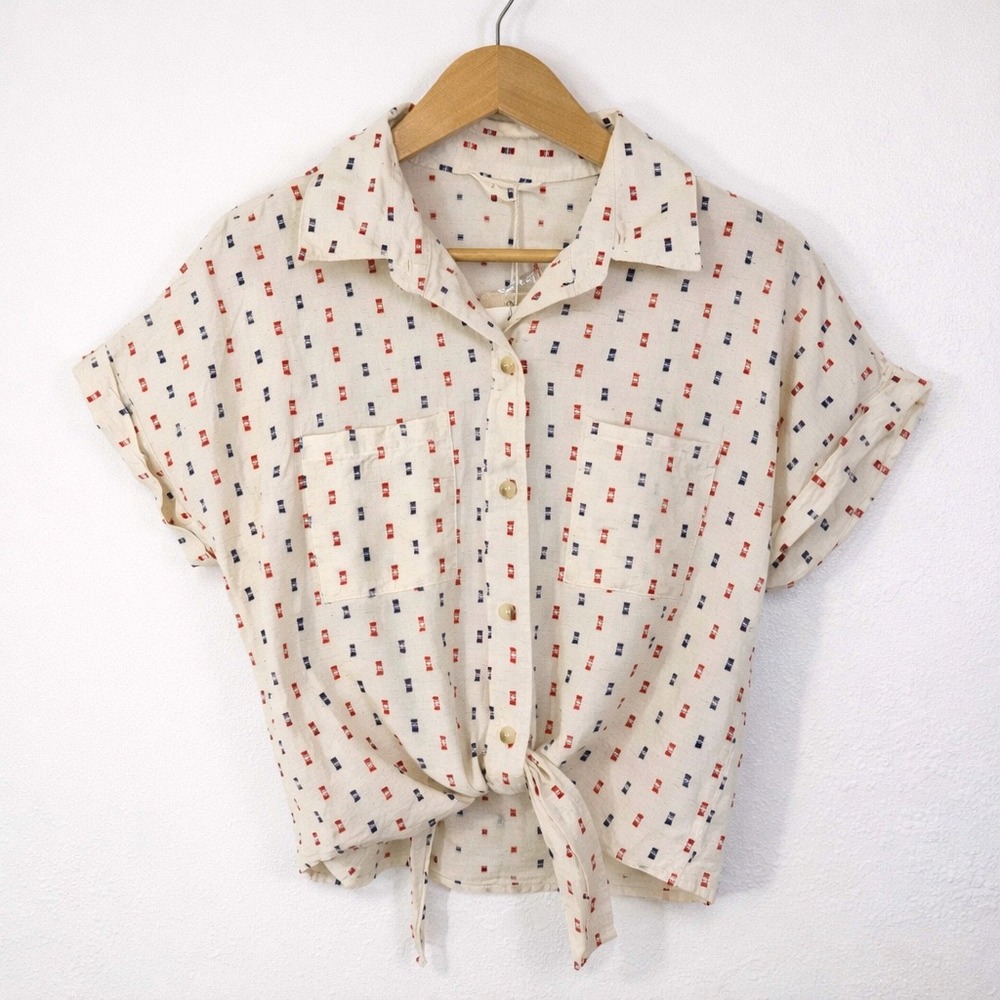 NEW Sim & Sam Large Button Down Shirt Americana Linen Blend Tie Front Picnic USA